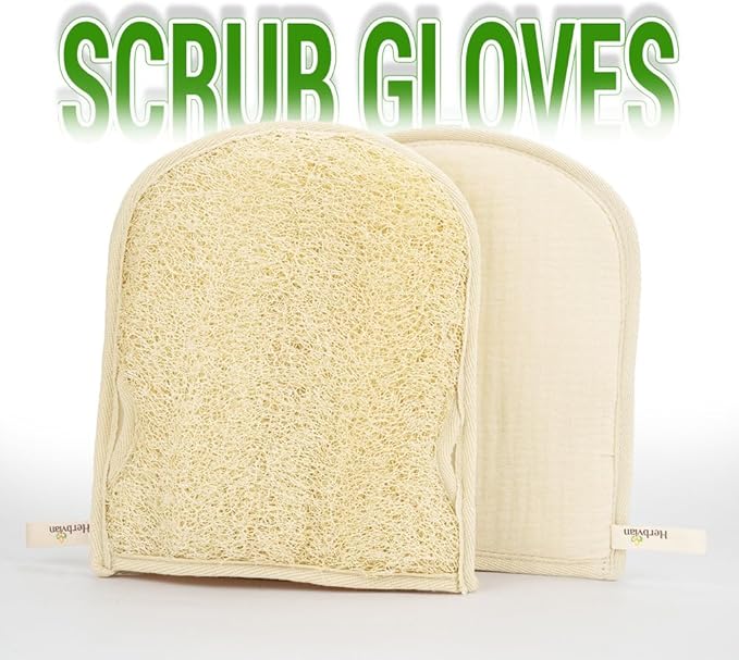 Premium Vietnamese Natural Loofah Gloves – Exfoliating Body Scrubber Mitts with Thumb Holes, Easy Grip Design, for Men & Women, Shower & Bath (Pack of 2)
