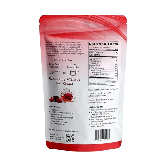 KomBei Loose Leaf Premium Hibiscus Tea, Flor de Jamaica (8oz) | Whole Flowers and Petals | Twice-Sifted | Herbal Tea | Caffeine-Free | Makes 110+ cups (8 oz)