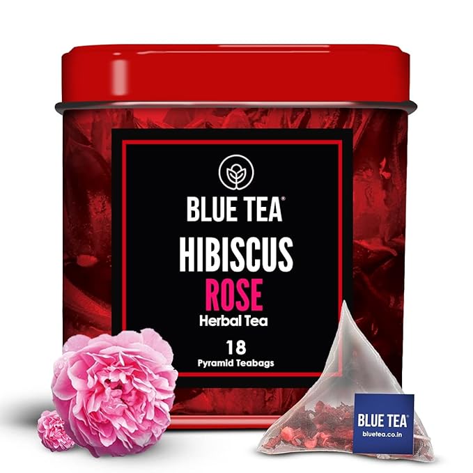 BLUE TEA - Hibiscus Tea - 18 Count - Rose - Pyamid Plant Based Tea Bag | SKIN GLOW ENHANCING TEA | Herbal Tea - Flower Based - Caffeine Free - Vegan - Gluten Free - Non-GMO | Tin Packaging