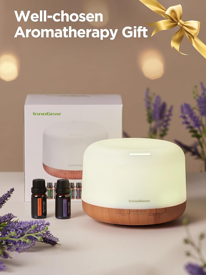 InnoGear Aromatherapy Diffuser & 10 Essential Oils Set, 500ml Essential Oil Diffuser with Remote Control Ultrasonic Cool Mist Scent Humidifier Vaporizer Auto-Off Timer for Room Office Home, Yellow