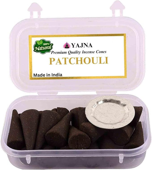 Yajna Patchouli 100%-Natural-Incense-Cones Handmade-Hand-Dipped Organic-Chemicals-Free for-Purification-Relaxation-Positivity-Yoga-Meditation The-Best-scents (20 Count)