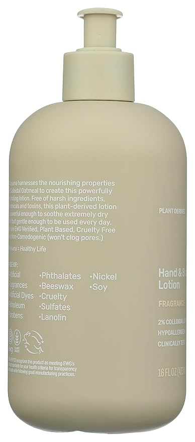 Hydrating Hand & Body Lotion, 16 oz – Fragrance‑Free, 99% Plant‑Derived with 2% Colloidal Oatmeal, EWG Verified, Hypoallergenic, Paraben‑Free, Sulfate‑Free, Cruelty‑Free