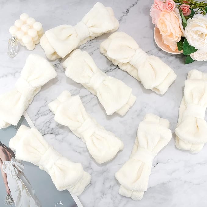 Ondder Spa Headband for Washing Face 8 Pack Beige Skincare Headbands for Women Girls Terry Cloth Cute Bow Head Bands