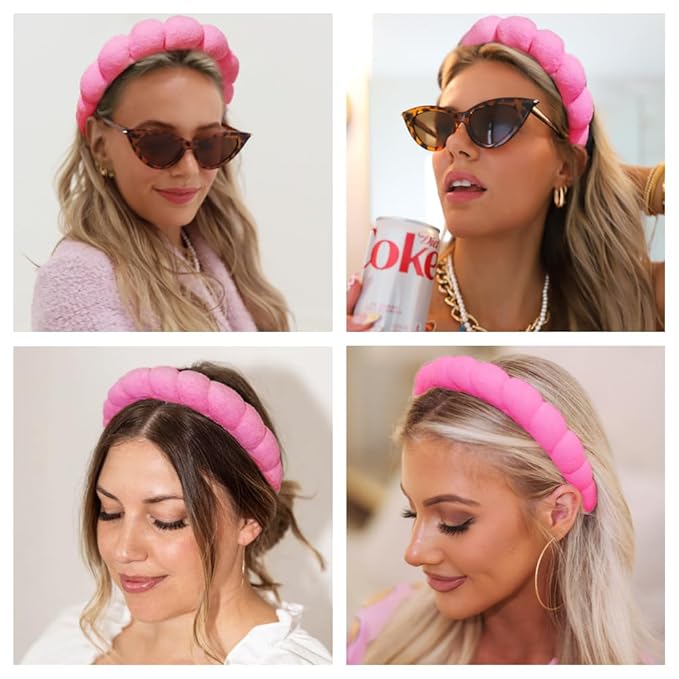Spa Headbands for Washing Face or Makeup, Sponge Bubble Skincare Headbands, Puffy Terry Cloth Hairband for Women, Skin Care Makeup Headwear Hair Accessories for Girls (Rose Red)