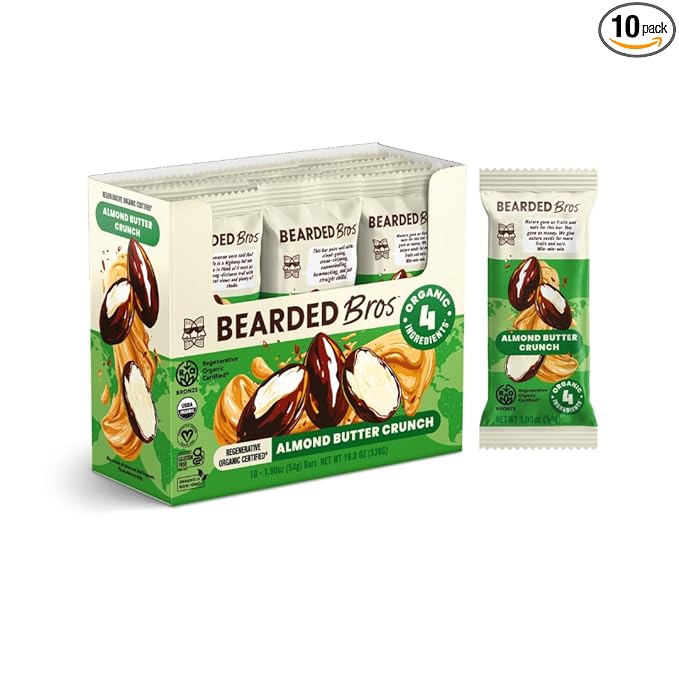Bearded Brothers, Organic Vegan Protein Energy Bars, Almond Butter Crunch (10 Pack) - Gluten Free, Paleo, Fiber, Whole 30, Non GMO Low Glycemic Snacks (Packaging May Vary)