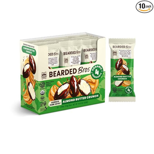 Bearded Brothers, Organic Vegan Protein Energy Bars, Almond Butter Crunch (10 Pack) - Gluten Free, Paleo, Fiber, Whole 30, Non GMO Low Glycemic Snacks (Packaging May Vary)