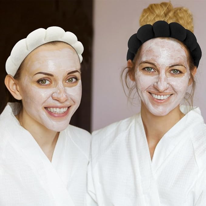 AOPRIE SPA Headbands for Washing Face Makeup Headbands with Bow Hair Band Women Facial Head Band Wrist Towel Wraps For Shower Face Mask Black White Beige, 3 Pack