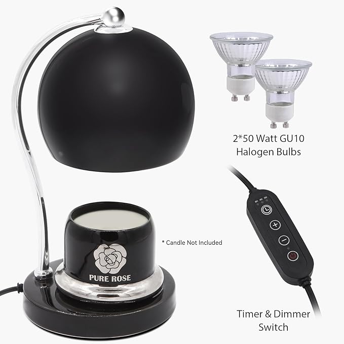 Ceramic Dimmable Candle Warmer Lamp with Timer Fit for Medium Size Candle Jars, Aesthetic Design with 2 Bulbs, House Warming Gifts, New Home Decor, Mother's Day, Birthday Gifts (Black)