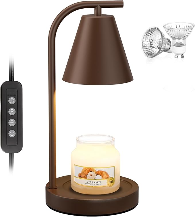 Candle Warmer Lamp with Timer - Electric Wax Melter for Jar Candles with 2 Bulbs, Flameless Scented Candle Warmer for New Home, Creates Cozy Ambiance, Modern House Warming Gift for Women (Brown)