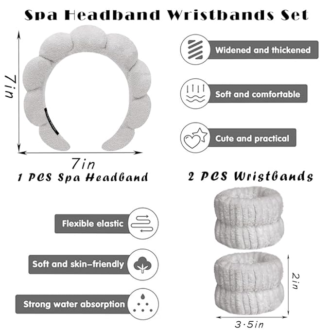 Spa Headbands for Washing Face Wristband Set Sponge Makeup Skincare Headband Wrist Towels Bubble Soft Terry Towel Cloth Hairband for Women Puffy Headwear Non Slip Thick Thin Hair Headwear (Gray)