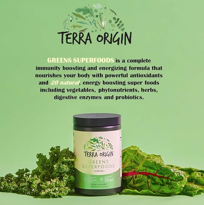TERRA ORIGIN Superfoods Greens Blend Immune and Digestive Support | Organic Vegetable Supplement with Tumeric, Milk Thistle, Green Tea, Chlorella | Non-GMO, Gluten-Free, Vegan | Coffee | 30 Servings