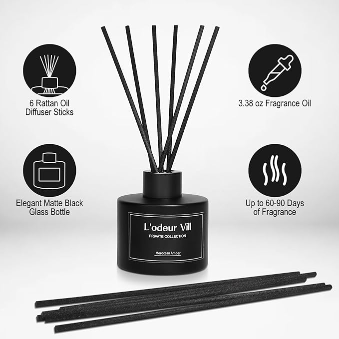 L'odeur Vill Reed Diffuser, 3.4oz(100ml) Moroccan Amber Reed Diffuser Set with 6 Oil Diffuser Sticks, Matte Black Aroma Scent Diffuser, Long Lasting Home Fragrance for Bathroom Shelf Decor