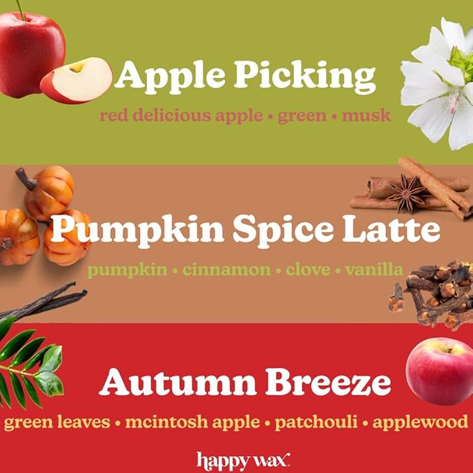 Happy Wax Forever Fall Collection Scented Natural Soy Wax Melts – 6 Total Oz. Collection Includes Apple Picking, Pumpkin Spice Latte and Autumn Breeze