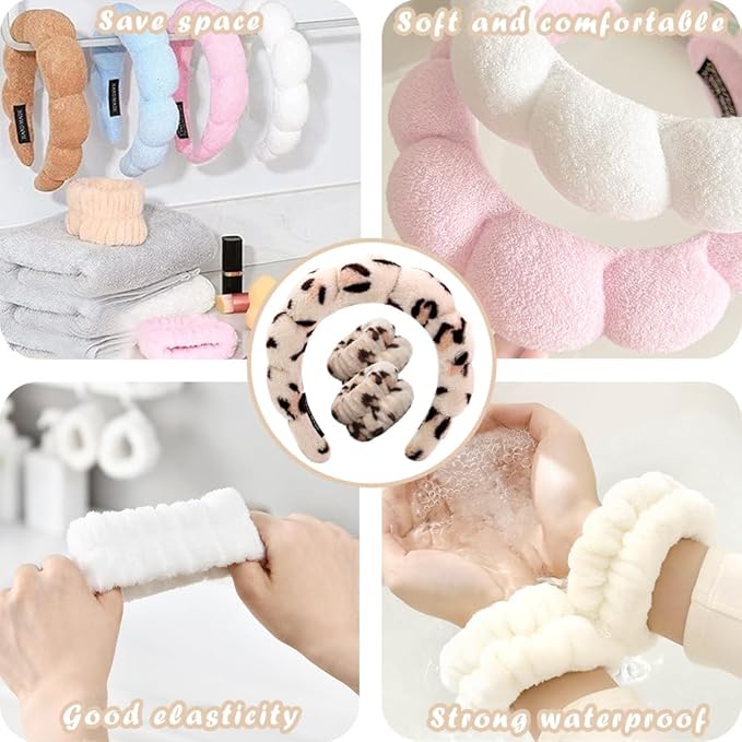 Spa Headbands for Washing Face Wristband Set Sponge Makeup Skincare Headband Wrist Towels Bubble Soft Terry Towel Cloth Hairband for Women Puffy Headwear Non Slip Thick Thin Hair Headwear