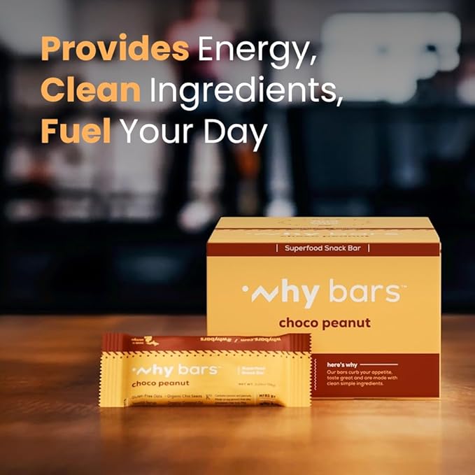 Why Bars, Protein Bars, Chocolate Peanut Butter, 2.04 Ounce Bars (Pack of 12 Protein Bars) - Protein Bar Superfood, Gluten Free, Non GMO, Organic, Vegan, Simple Ingredients