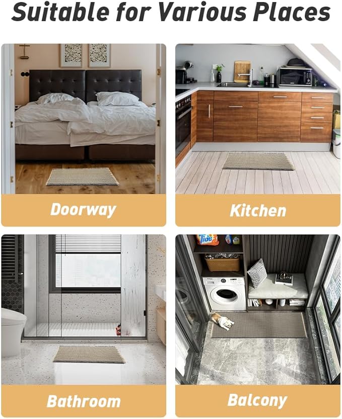 AMOAMI Upgraded Waffle Runner Rug Super Absorbent Non Slip Bath Mats for Bathroom Washable Bathroom Runner Rug with Tassels, Ideal for Hallway Bedroom Laundry Room, Dark Grey & Yellow, 17" x 60"