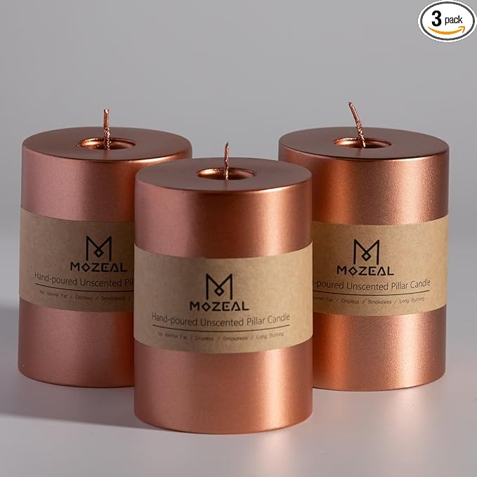 MOZEAL 3" x 4" Hand-Poured Unscented Candle, Dripless Pillar Candle Set of 3, Long Clean Burning, Approx 72 Hours Burn Time, Rustic Country Style, Wedding, Fall Harvest, Home Decor, Metallic Copper