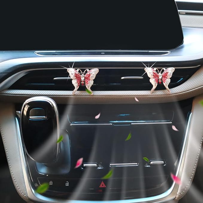 2pcs Red Butterfly Car Air Freshener Vent Clips Bling Car Accessories for Women Refillable Scents Diffusers