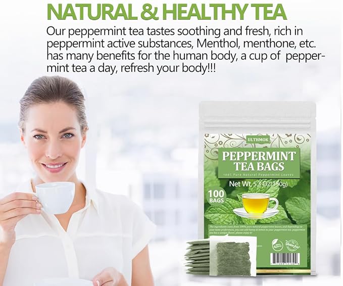 Premium Peppermint Tea Bags, 100 Tea Bags, Made with 100% Natural Peppermint Leaves, No Additives & Caffeine Free.