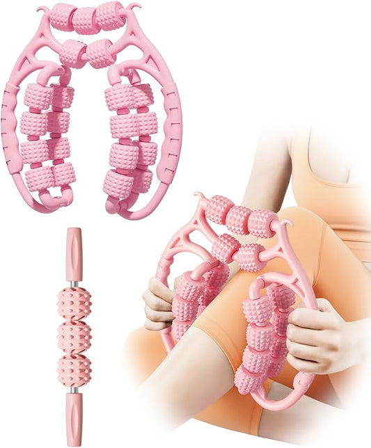 Massage Roller for Legs,21 Wheel Circular Leg Clamp+3 Wheel Massage Roller Stick Lymphatic Massage for Relieve Soreness Stiffness Tight Muscles Deep Tissue-Pink
