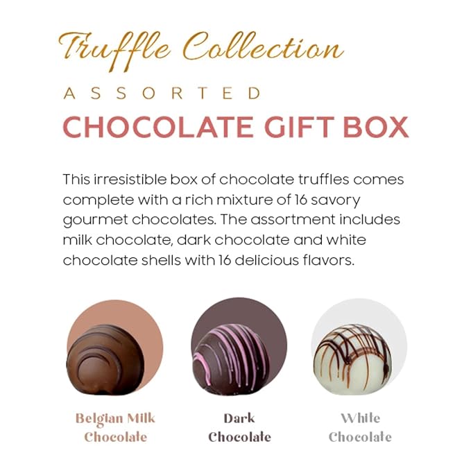 CRAVINGS BY ZOE Gourmet Chocolate Truffle Gift Box | 16 Count | Assorted Gourmet Milk & Dark Chocolate Candy Food Gift Basket Anniversary, Birthday, Get Well, Holiday, Thank You Men Women Mom Her