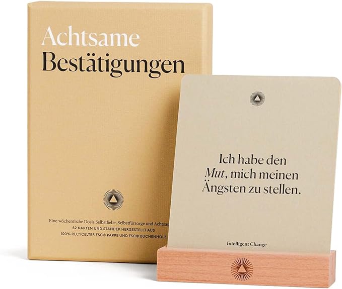 Intelligent Change German Mindful Affirmation Cards, Daily Words of Encouragement Cards, Self Affirmation Inspirational Gifts, Self Care Box of Positive Affirmations, Display Stand, Deck of 52