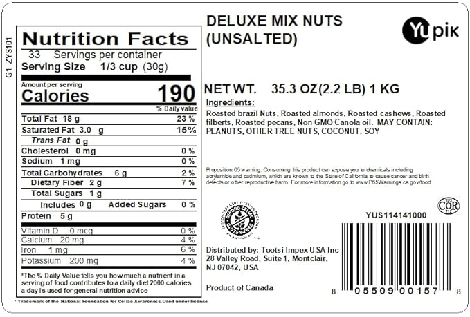 Yupik Deluxe Roasted Unsalted Nut Mix, 2.2 lb (35.2 oz), Vegan, Gluten Free, Cholesterol Free, Salt Free, A Blend of Brazil Nuts, Almonds, Cashews, Hazelnuts & Pecans, Healthy Snacks