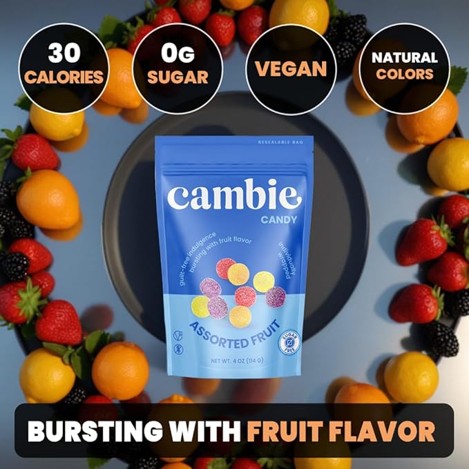 Cambie Sugar Free Candy - Pack of 6 Assorted Fruit Gummies, Individually Wrapped, Low Calorie, No Aftertaste, Small & Delicious Guilt-Free Low Carb Keto Sugar Free Candy