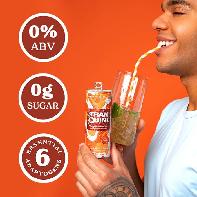 Tranquini Calming Drink With Herbal Adaptogens | Sparkling Water Stress Relief Beverage | Sugar Free, Non Alcoholic, Gluten Free, Vegan - 250ml Ginger Lemongrass (12 cans)