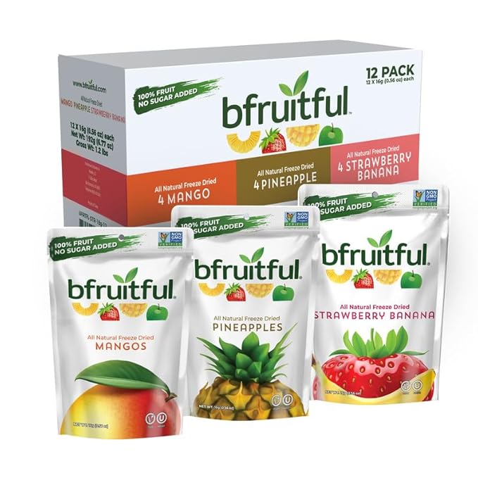 bfruitful Freeze-Dried Mangos, Strawberry Bananas, Pineapples Variety Pack, Freeze Dried Fresh Fruit Bites, Gluten Free, Vegan, Dairy Free, Kosher, No Sugar Added, Non GMO, Healthy Snacks for Kids or Adults, 0.56 oz Single-Serve Snack Packets, 12 Pack
