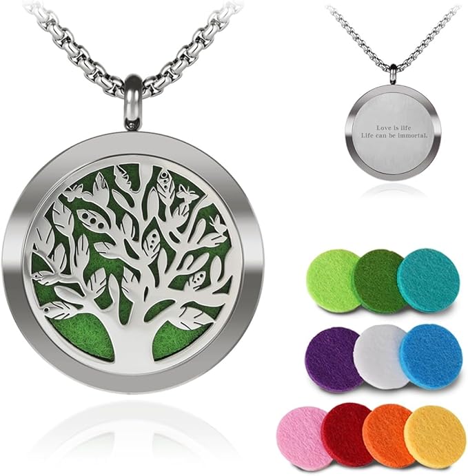 Aromatherapy Diffuser Necklace-Tree of Life Essential Oil Necklace,Aromatherapy Diffuser Pendant for Men and Women,Portable,Suitable for Yoga,Meditation,Travel,Stress Relief Gift(Silver 30mm)