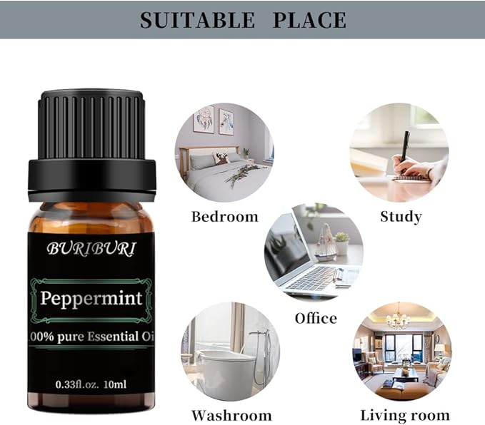 BURIBURI Peppermint Essential Oil 100% Pure, Undiluted, Natural, Organic Aromatherapy Mint Essential Oils 10ML for Diffuser, Soap Candle Making
