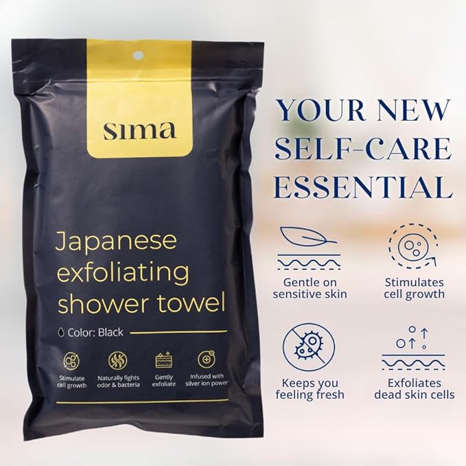 Exfoliating Washcloth Face & Body Scrub Towel - Japanese Exfoliating Towel with Hexagon Fibers, Body Scrubber with 2 Sides for Scrubbing & Washing, Extra Long Body Towel (Black)