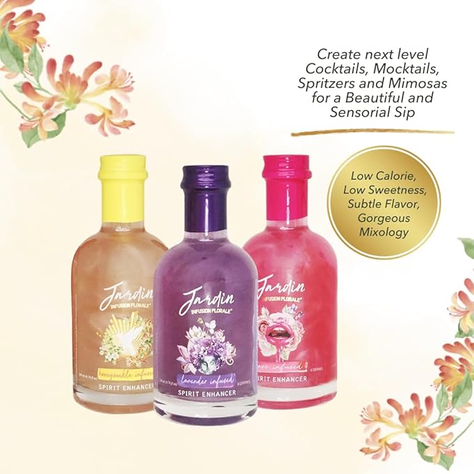 JARDIN Mini Variety Bundle - Sugar Free, All Natural Mixers - Lavender, Rose, & Honeysuckle Aromatic Floral Flavors for Cocktails, Lemonades, Sodas, and Mocktails. Preservative Free (3 bottles, 6.76 Fl Oz each)