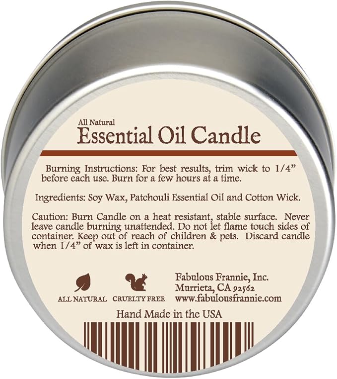 Fabulous Frannie Patchouli All Natural Soy Candles Cotton Wick High Pure Essential Oil Scent 40 Hours Burn Time Gift for Women & Men 6 Ounce (Pack of 1)