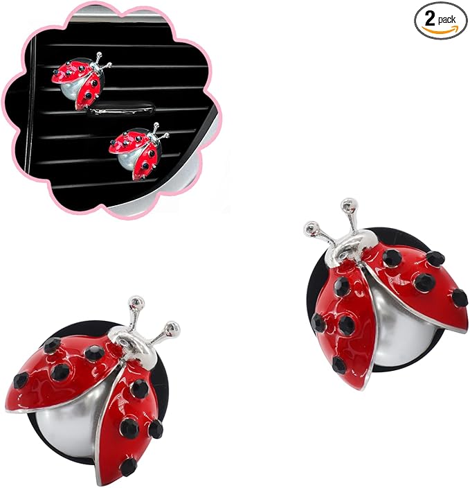Ladybug Car Accessories,2pcs Lady Bug Air Vent Clips Car Air Fresheners,Refillable Animal Decoration Diffusers,Girly Rhinestone Dashboard Charms for Women Teens