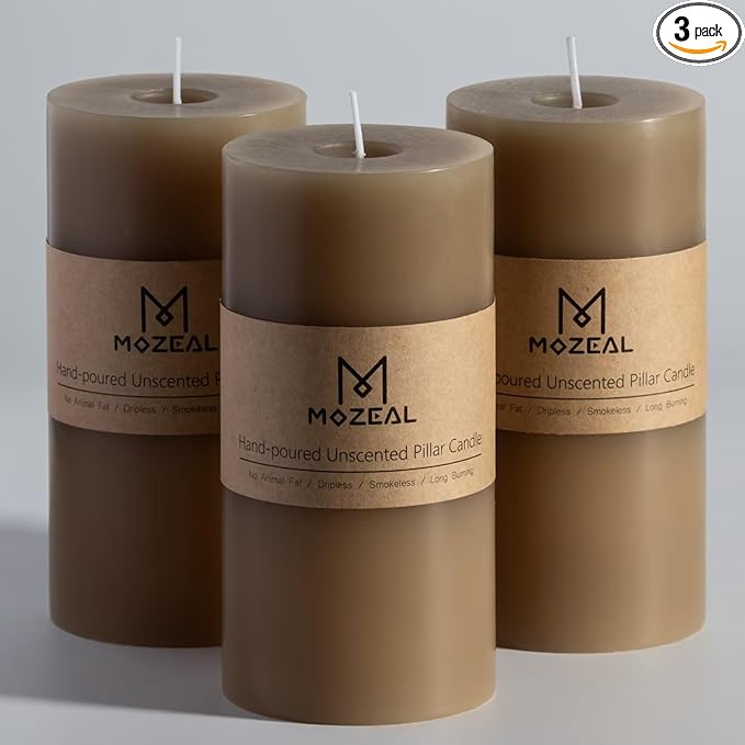 MOZEAL 3" x 6" Hand-Poured Unscented Candle, Dripless Pillar Candle Set of 3, Long Lasting Burning, Approx 120 Hours Burn Time, Rustic Country Style, for Easter Dinner, Spring Decor, Sage