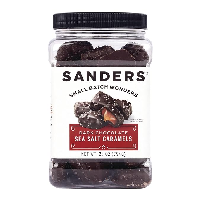 Sanders Dark Chocolate Sea Salt Caramels, Kettle Cooked Caramel Covered in Dark Chocolate, 28 oz Gift Tub
