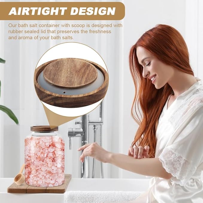 74 oz Glass Bath Salt Jar, Bath Salt Container with Wooden Lid& Scoop, Bathroom Organizers, Airtight Storage Bathtub Accessories for Women
