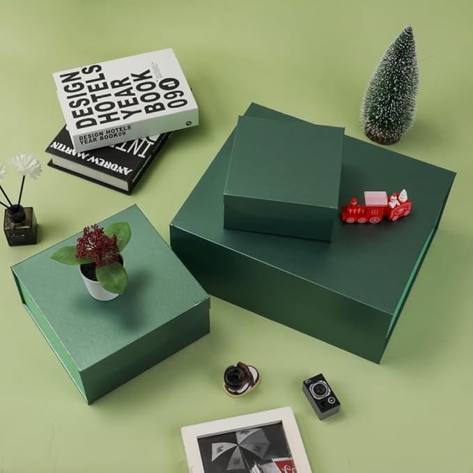 6 Pcs Small Green Gift Box 8x8x4 Inch Magnetic Gift Box Small Magnetic Box with Crinkle Paper Green Small Gift Box with Shredded Paper Luxury Gift Boxes with Lids for Presents