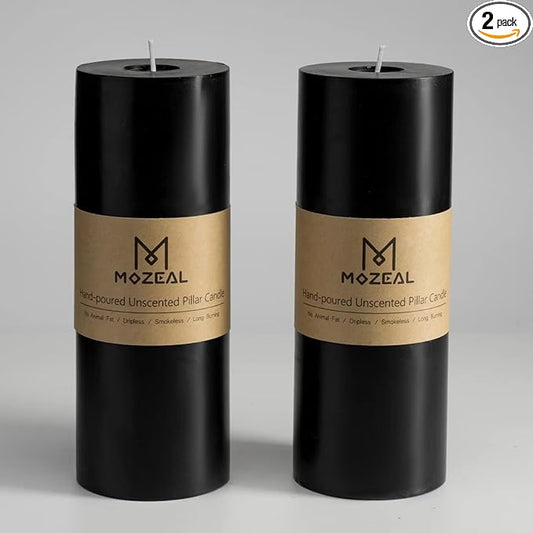 MOZEAL 3" x 8" Hand-Poured Unscented Large Candle,Smokeless Rustic Pillar Candle Set of 2,Slow Burn,No Drip,Approx 150 Hours Burning,Wedding,Dinner,Christmas and Home Decorative,Tall Black Candle