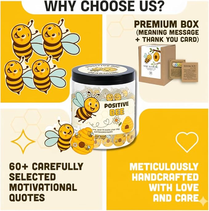 60 Positive Bee Cards Jar, Affirmation Cards for Women, Emotional Support Bee, Bee Themed Gift, Bee Gifts for Women, Bee Gifts for Bee Lovers, Bumble Bee Gift