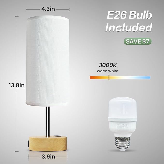 KPQ Small Bedside Lamp Touch Control Table Lamp with USB A+C Charging Ports & AC Outlet 3-Way Dimmable Nightstand Lamp with Linen Fabric Shade for Bedroom Living Room
