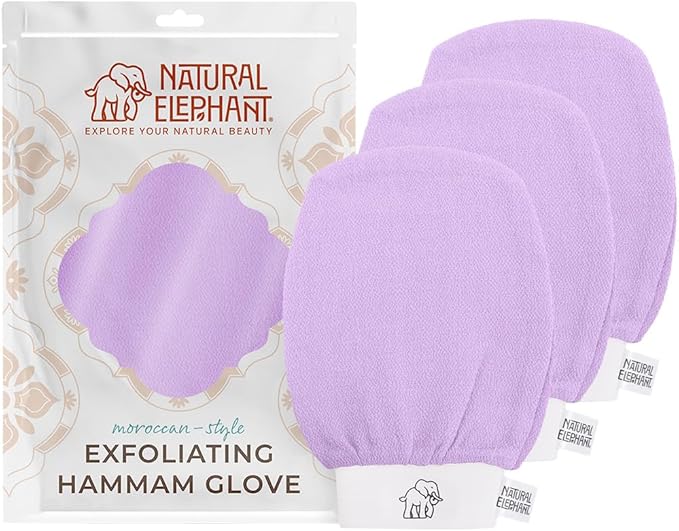 Natural Elephant Exfoliating Hammam Glove | Authentic Moroccan Kessa Body Scrub Mitt for Spa-Quality Skin Renewal | Lovely Lilac 3 Pack