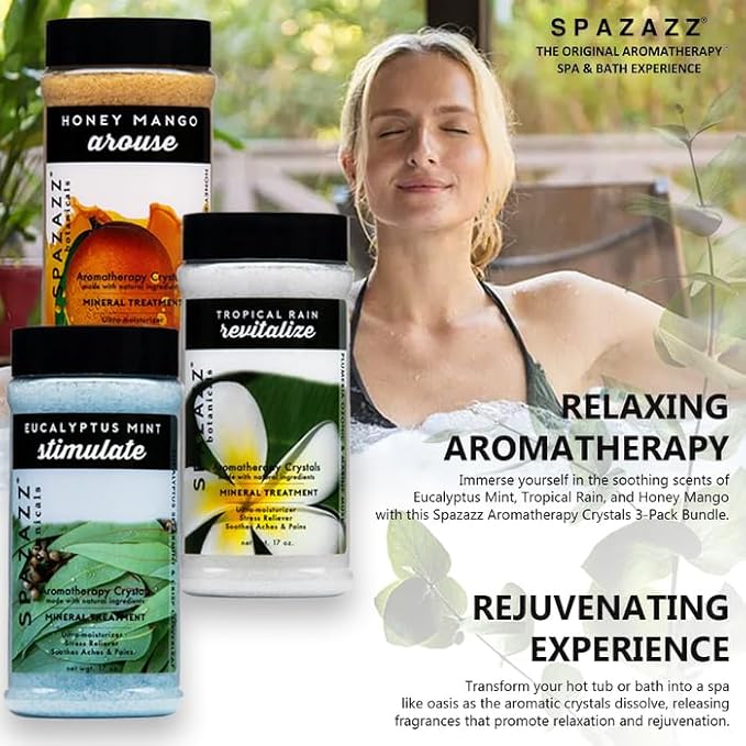 Spazazz Hot Tub Aromatherapy Bath Salt Crystals 3-Pack Bundle - Eucalyptus Mint Stimulate - Tropical Rain Revitalize - Honey Mango Arouse - Botanicals Collection Scents for Relaxing in Spas (17 oz)