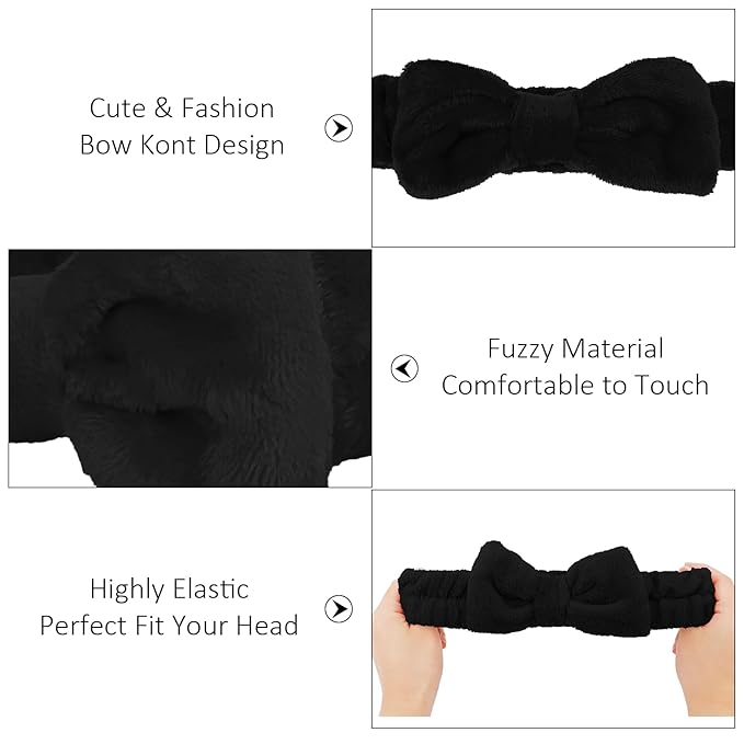 10 Pack Spa Headband for Washing Face Black Skincare Headbands Bulk for Women Girls Soft Coral Fleece Hairband Cute Bow Headbands for Washing Face Makeup