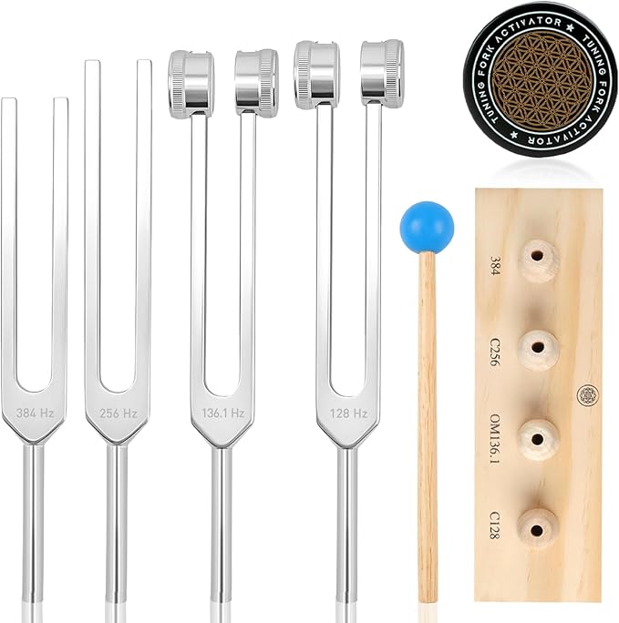 Tuning Forks for Healing Set – Includes 128Hz, 136Hz, 256Hz, 384Hz, & Activator, Bamboo Base, Rubber Hammer, Portable in Black Luggage – Sound Healing Instruments for Chakra, Yoga, and Meditation