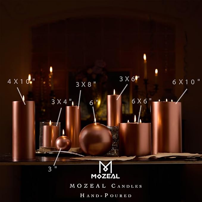 MOZEAL 3" x 4" Hand-Poured Unscented Candle, Dripless Pillar Candle Set of 3, Long Clean Burning, Approx 72 Hours Burn Time, Rustic Country Style, Wedding, Fall Harvest, Home Decor, Metallic Copper