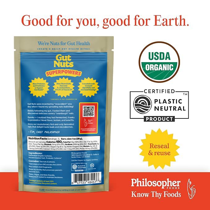 Gut Nuts - Fermented and Sprouted "Sourdough" Cashews for Gut Health - Tangy, Umami, & Salty Flavors - Super Crunchy Low Carb Keto Snacks - Low Sugar Prebiotic & Postbiotic Cashew Snacks - 3oz Pouch (3 Pack) - by Philosopher Foods