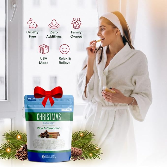 Christmas Bath Salt 32 Ounces Epsom Salt with Natural Pine, Cinnamon, Peppermint, Clove and Orange Essential Oils Plus Vitamin C in BPA Free Pouch with Easy Press-Lock Seal